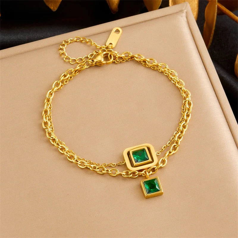 DIEYURO 316L Stainless Steel Square Green Zircon Double-layer Necklace Bracelet Earrings Women New Trend Non-fading Jewelry Set