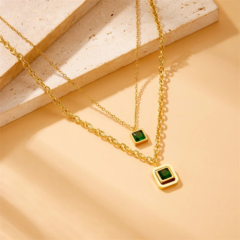 DIEYURO 316L Stainless Steel Square Green Zircon Double-layer Necklace Bracelet Earrings Women New Trend Non-fading Jewelry Set