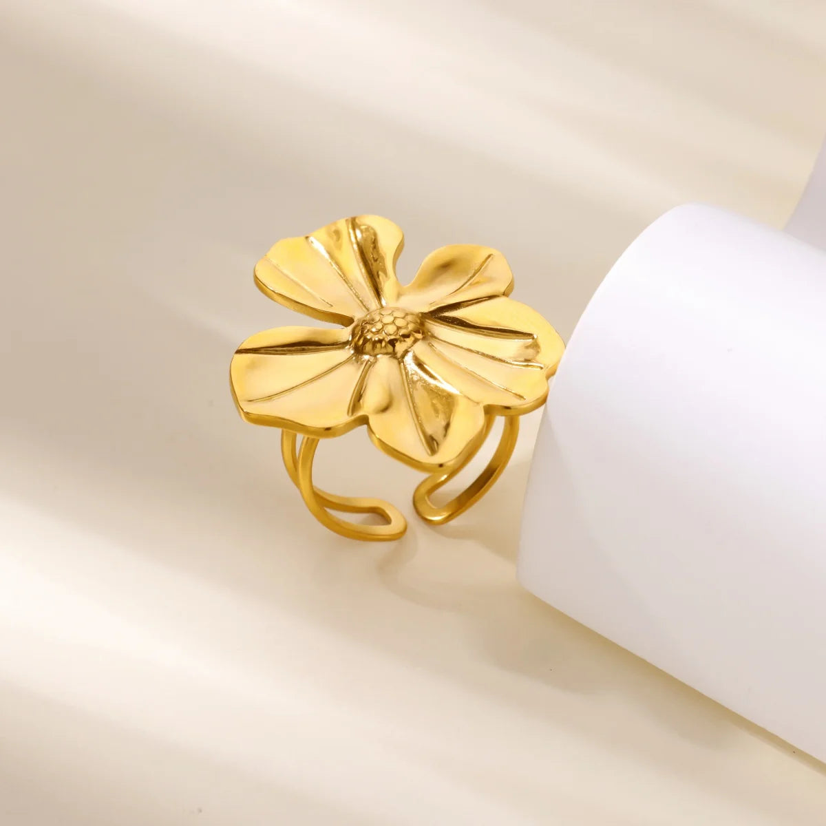 Gold Color Stainless Steel Delicate Flower Rings for Women Fashionable Elegant Versatile Wide Finger Ring Daily wear Jewelry