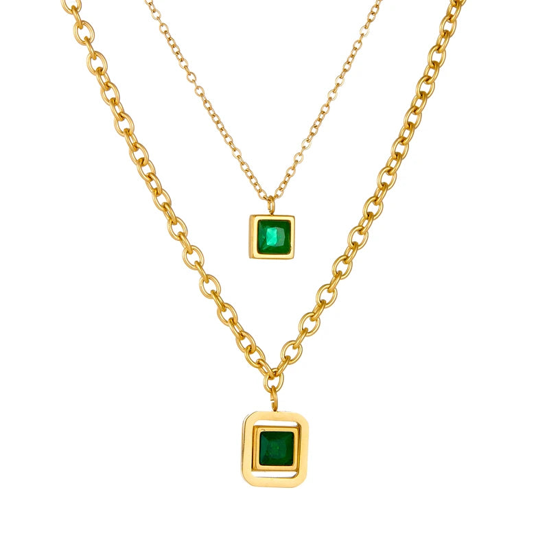 DIEYURO 316L Stainless Steel Square Green Zircon Double-layer Necklace Bracelet Earrings Women New Trend Non-fading Jewelry Set