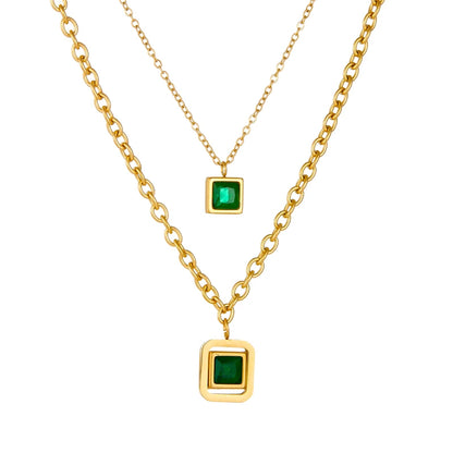 DIEYURO 316L Stainless Steel Square Green Zircon Double-layer Necklace Bracelet Earrings Women New Trend Non-fading Jewelry Set