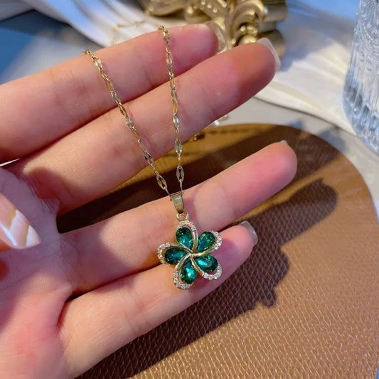 DIEYURO 316L Stainless Steel Green Zircon Flowers Pendant Necklace For Women New Luxury Girls Lucky Chain Birthday Jewelry Gifts