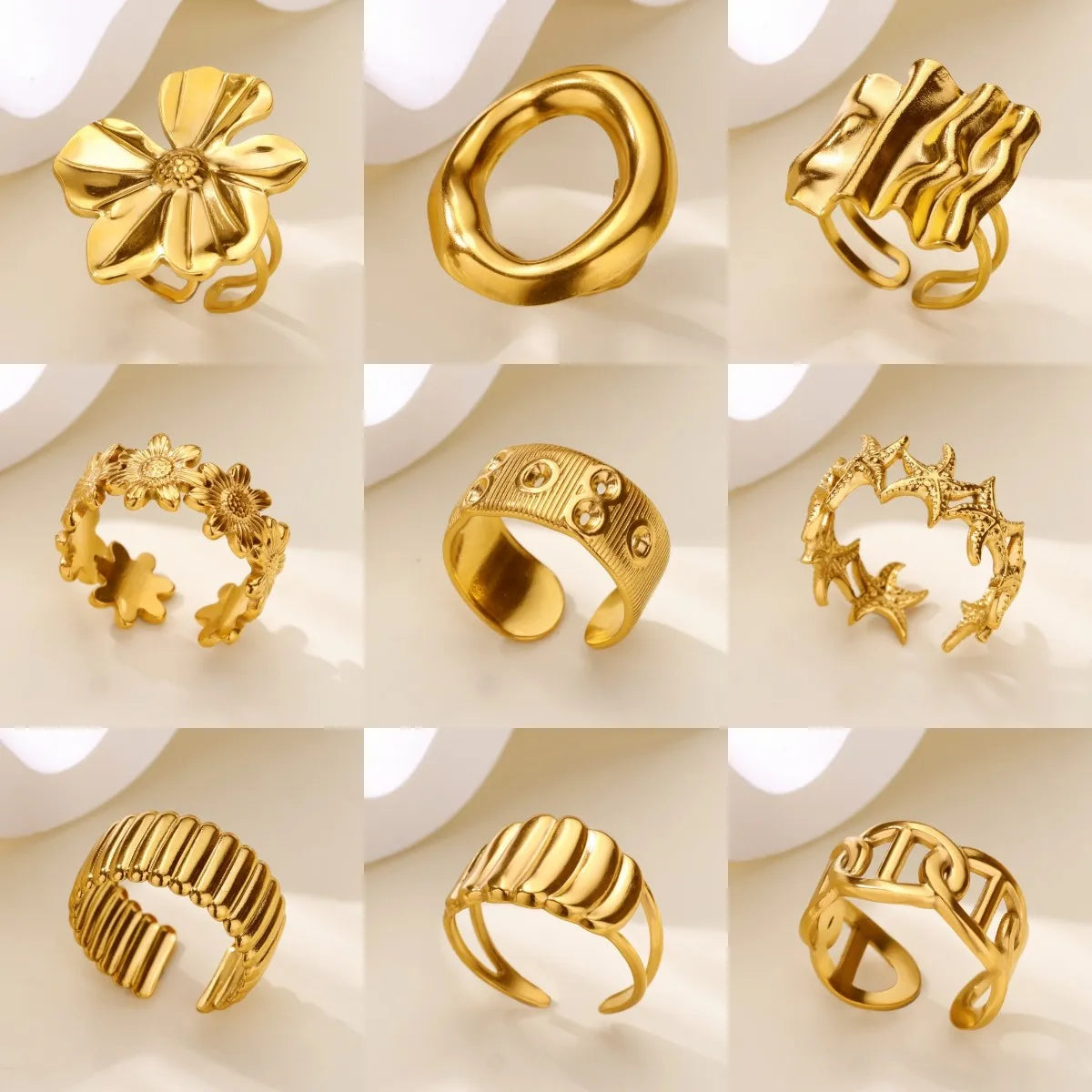Gold Color Stainless Steel Delicate Flower Rings for Women Fashionable Elegant Versatile Wide Finger Ring Daily wear Jewelry
