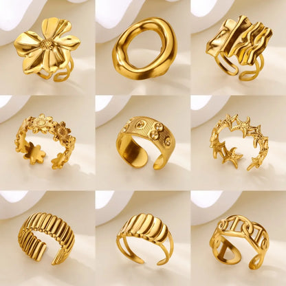 Gold Color Stainless Steel Delicate Flower Rings for Women Fashionable Elegant Versatile Wide Finger Ring Daily wear Jewelry