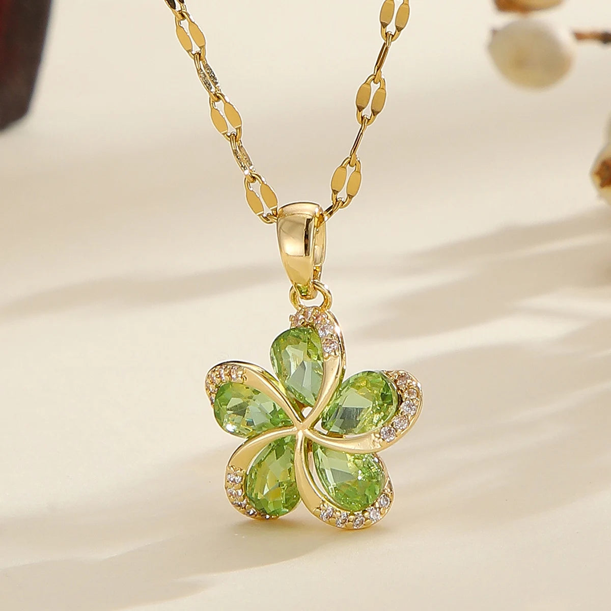 DIEYURO 316L Stainless Steel Green Zircon Flowers Pendant Necklace For Women New Luxury Girls Lucky Chain Birthday Jewelry Gifts