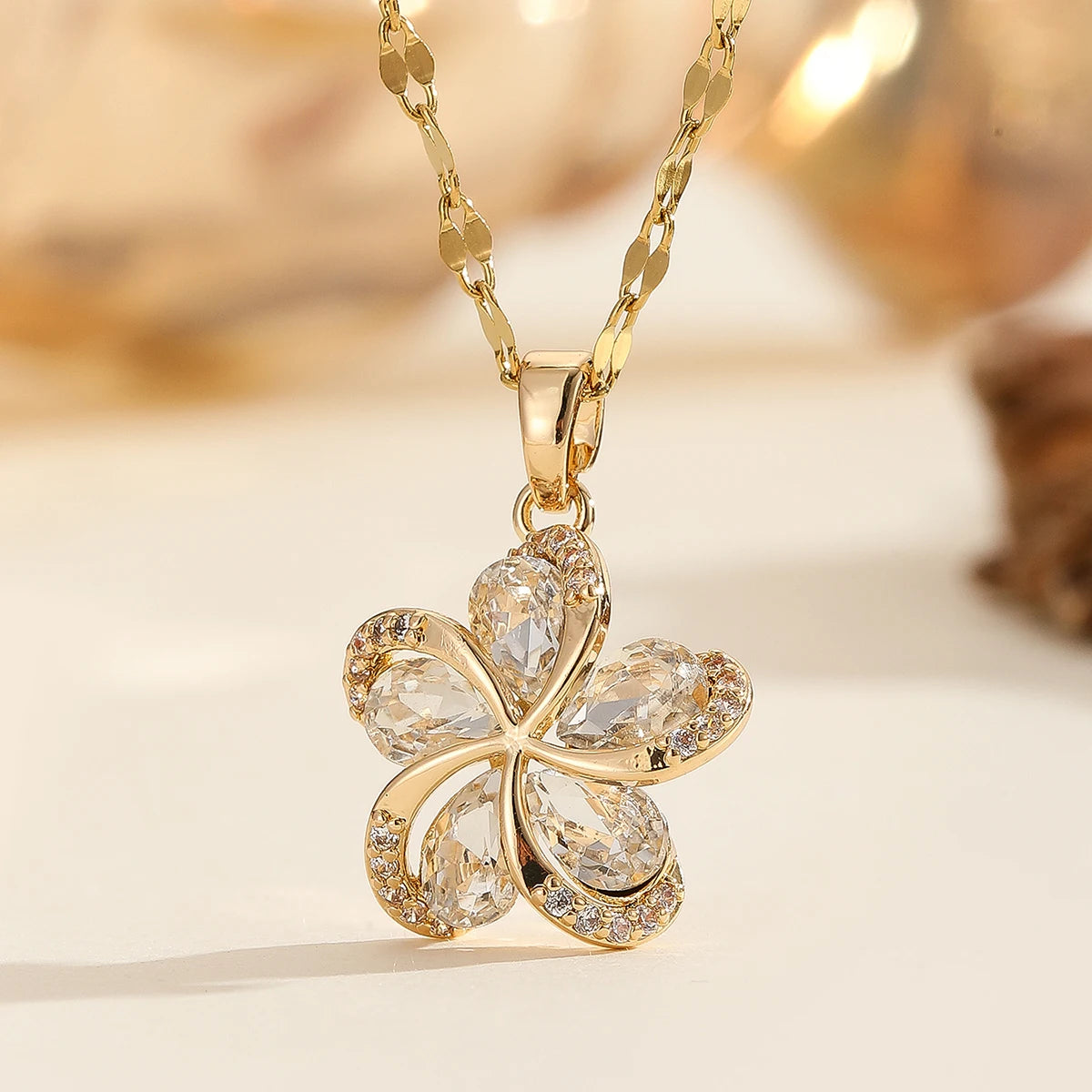 DIEYURO 316L Stainless Steel Green Zircon Flowers Pendant Necklace For Women New Luxury Girls Lucky Chain Birthday Jewelry Gifts