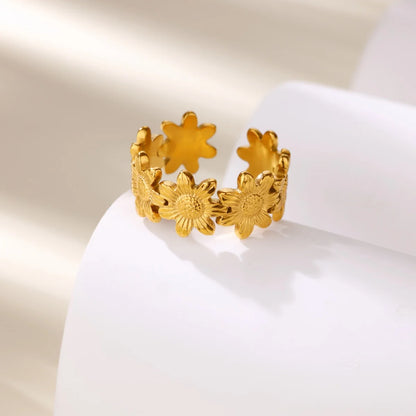 Gold Color Stainless Steel Delicate Flower Rings for Women Fashionable Elegant Versatile Wide Finger Ring Daily wear Jewelry