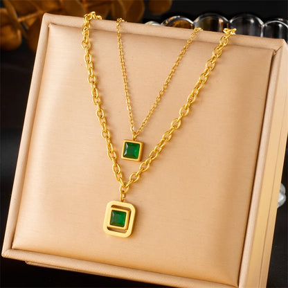DIEYURO 316L Stainless Steel Square Green Zircon Double-layer Necklace Bracelet Earrings Women New Trend Non-fading Jewelry Set