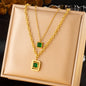 DIEYURO 316L Stainless Steel Square Green Zircon Double-layer Necklace Bracelet Earrings Women New Trend Non-fading Jewelry Set