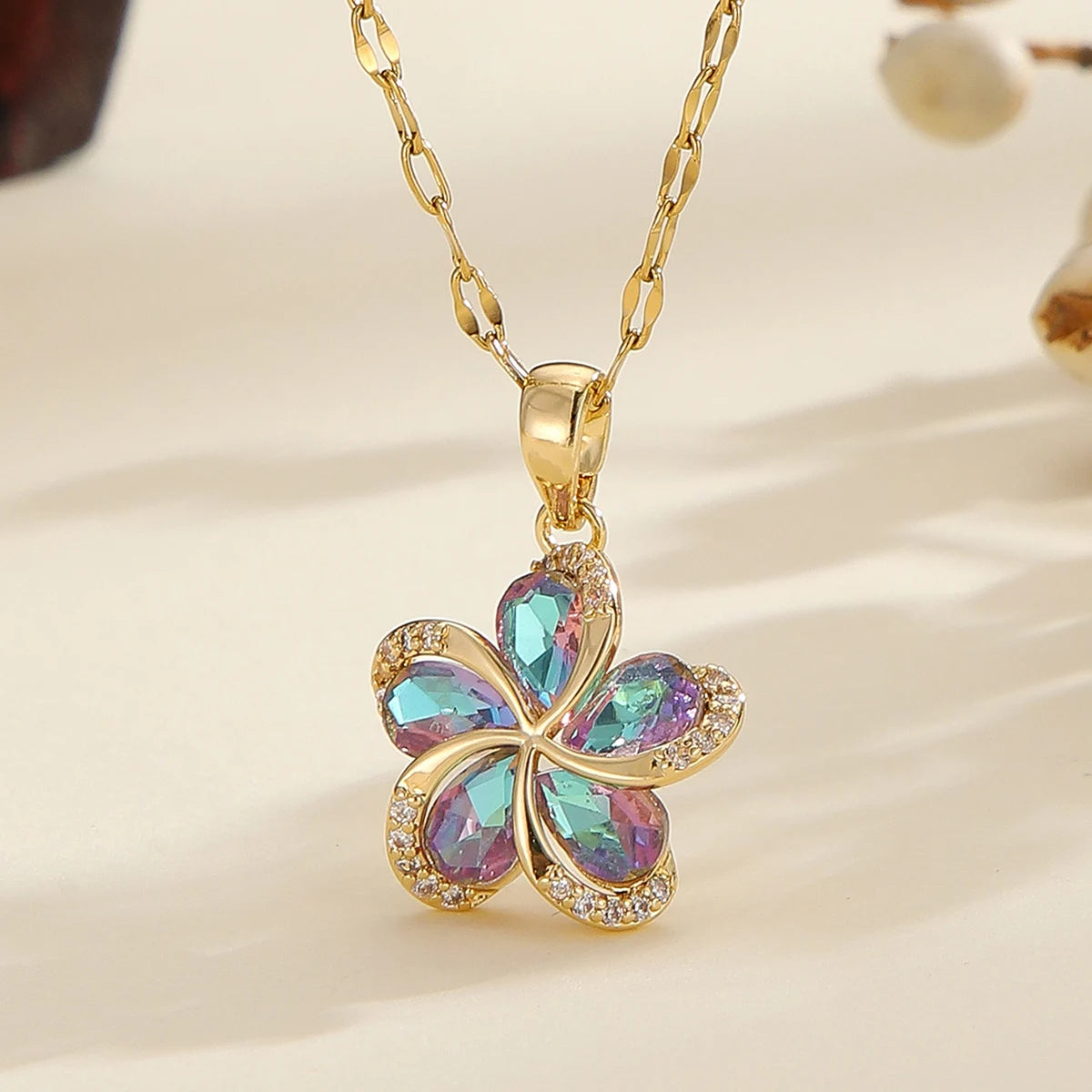 DIEYURO 316L Stainless Steel Green Zircon Flowers Pendant Necklace For Women New Luxury Girls Lucky Chain Birthday Jewelry Gifts