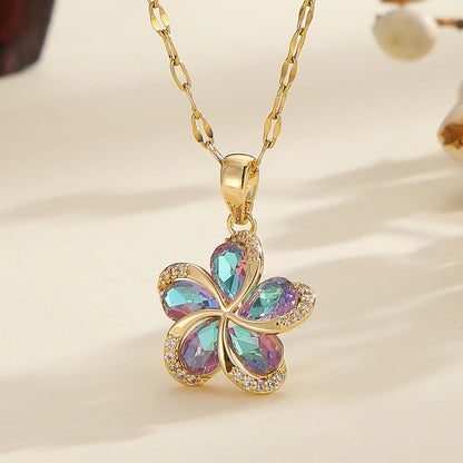 DIEYURO 316L Stainless Steel Green Zircon Flowers Pendant Necklace For Women New Luxury Girls Lucky Chain Birthday Jewelry Gifts