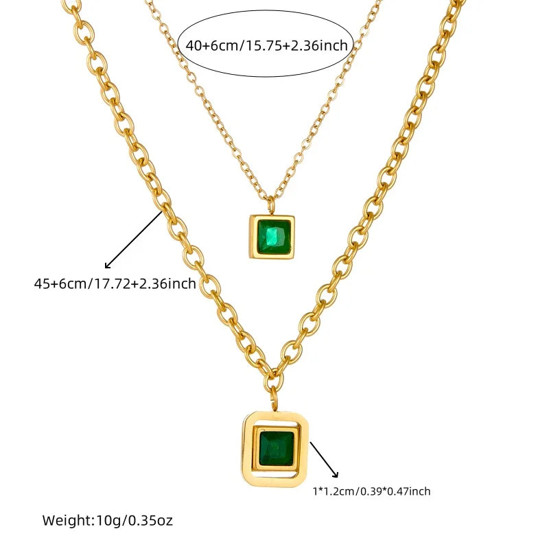 DIEYURO 316L Stainless Steel Square Green Zircon Double-layer Necklace Bracelet Earrings Women New Trend Non-fading Jewelry Set