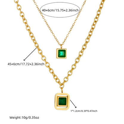DIEYURO 316L Stainless Steel Square Green Zircon Double-layer Necklace Bracelet Earrings Women New Trend Non-fading Jewelry Set