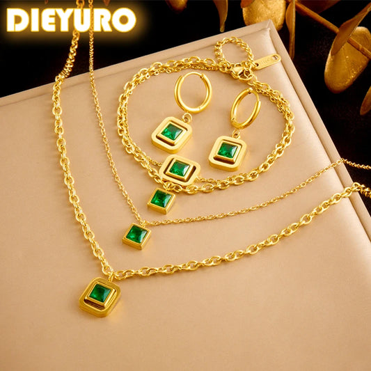 DIEYURO 316L Stainless Steel Square Green Zircon Double-layer Necklace Bracelet Earrings Women New Trend Non-fading Jewelry Set