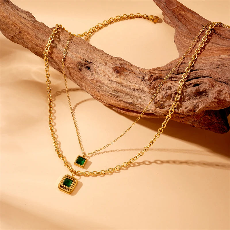 DIEYURO 316L Stainless Steel Square Green Zircon Double-layer Necklace Bracelet Earrings Women New Trend Non-fading Jewelry Set