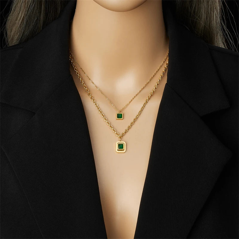 DIEYURO 316L Stainless Steel Square Green Zircon Double-layer Necklace Bracelet Earrings Women New Trend Non-fading Jewelry Set