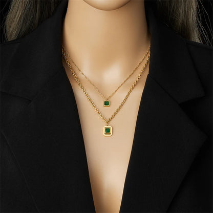 DIEYURO 316L Stainless Steel Square Green Zircon Double-layer Necklace Bracelet Earrings Women New Trend Non-fading Jewelry Set