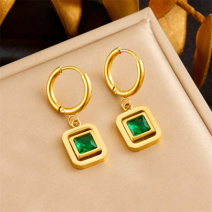 DIEYURO 316L Stainless Steel Square Green Zircon Double-layer Necklace Bracelet Earrings Women New Trend Non-fading Jewelry Set