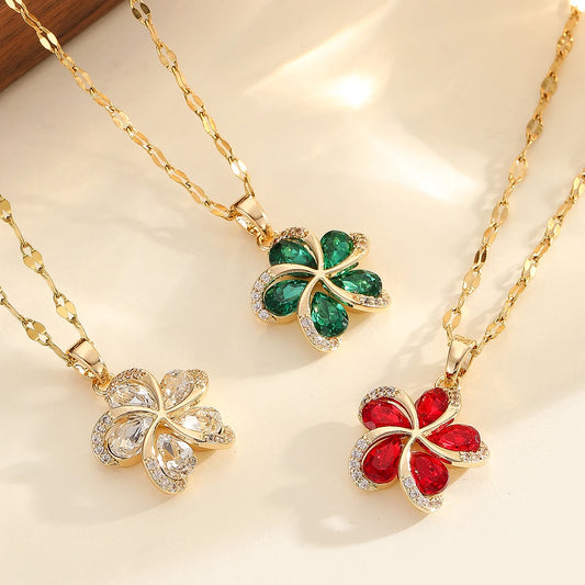 DIEYURO 316L Stainless Steel Green Zircon Flowers Pendant Necklace For Women New Luxury Girls Lucky Chain Birthday Jewelry Gifts